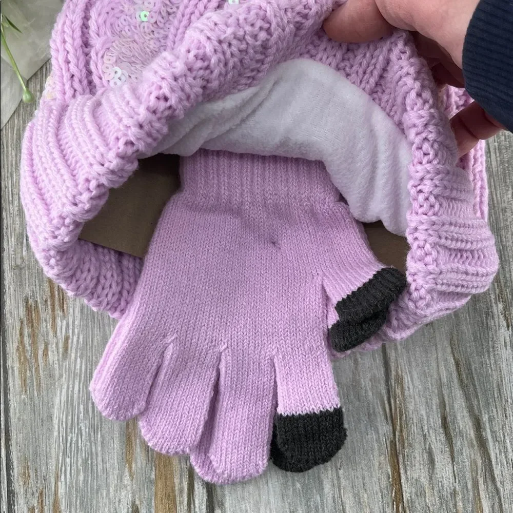 Girls Justice Sequin Cable Knit Hat and Gloves Set Pink